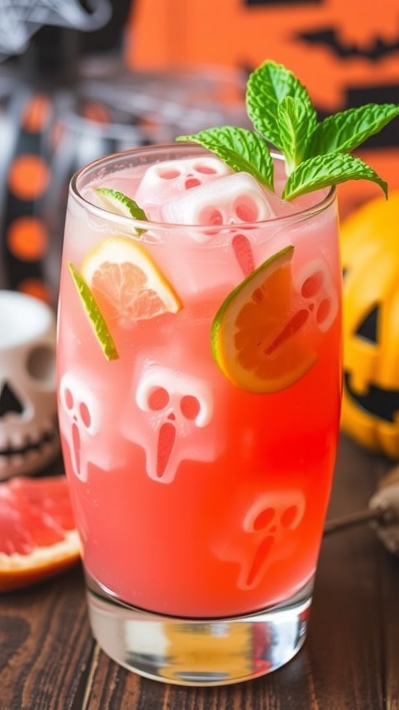A refreshing Ghostly Grapefruit Mocktail in a glass with mint and spooky ice cubes, set against Halloween decorations.